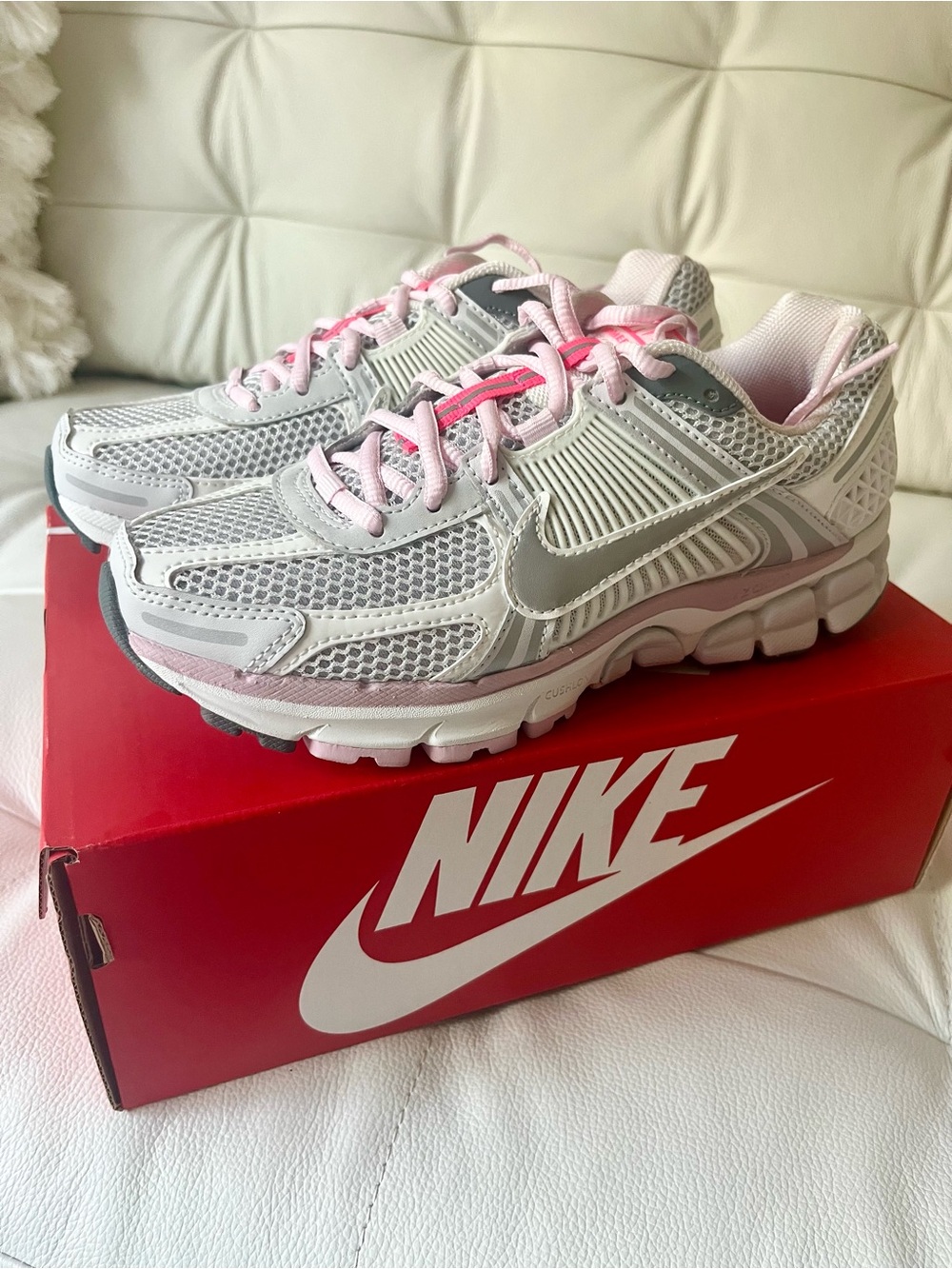 Women’s Nike Zoom Vomero 5 - pink/metallic silver, size 7. Brand new